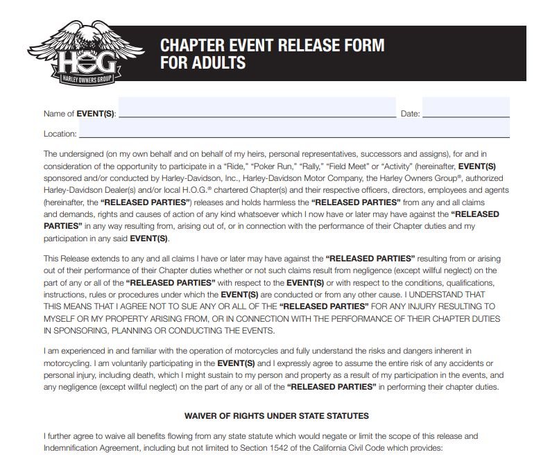 Chapter Event Release Form For Adults